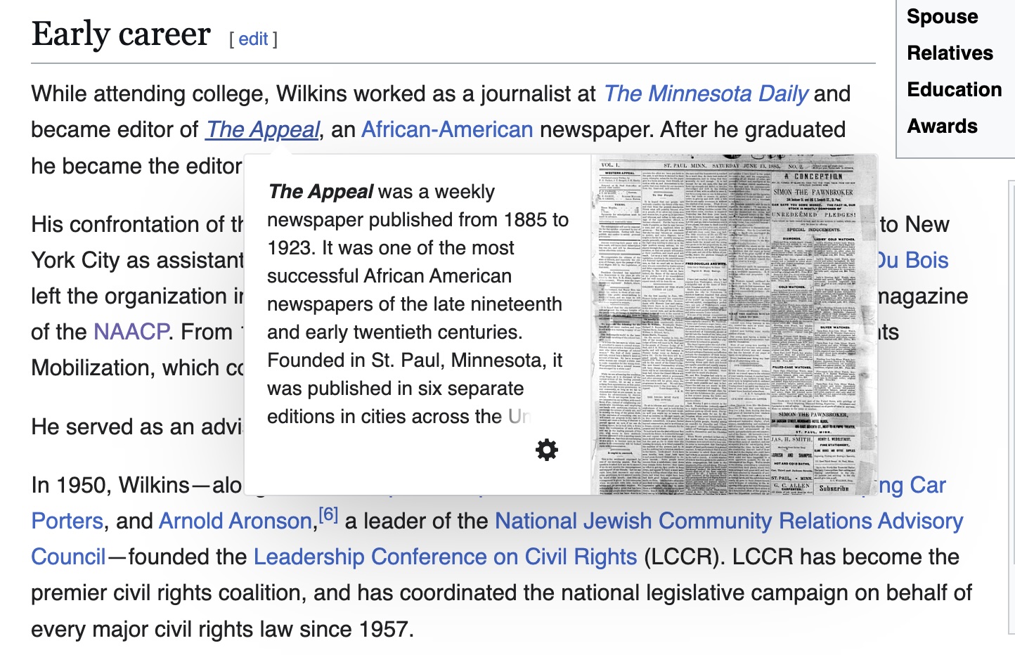 A popover over a Wikipedia article.