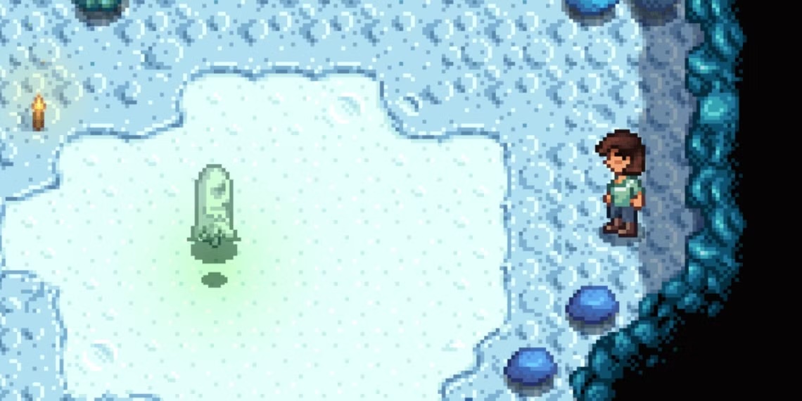 A ghost hovering in a cave in a retro style video game.