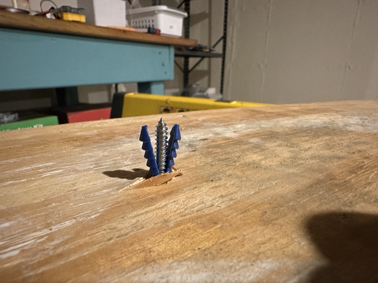 The backside of a board with a wall anchor with a screw.