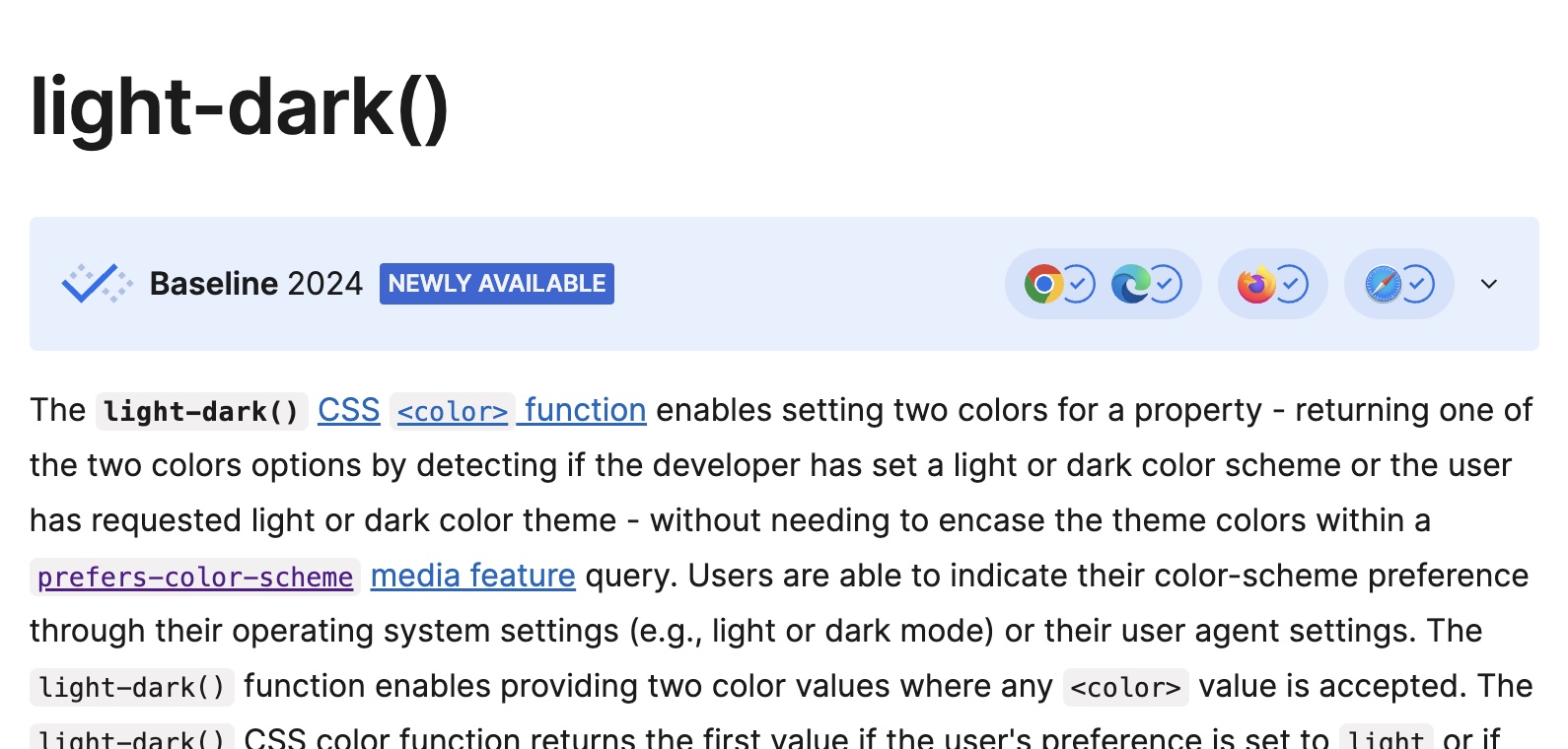 A screenshot of the light-dark() MDN page, showing the Baseline 2024 Newly Available banner.